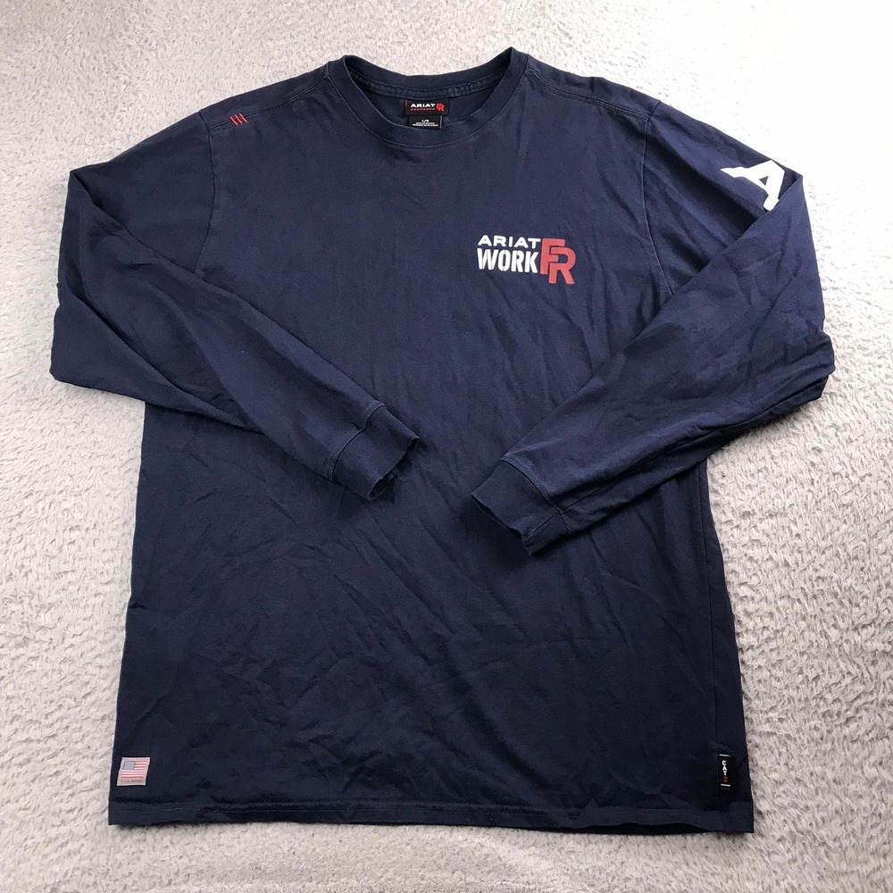 Ariat Work FR T-Shirt Mens L Navy Long Sleeve Spellout Flame Resistant